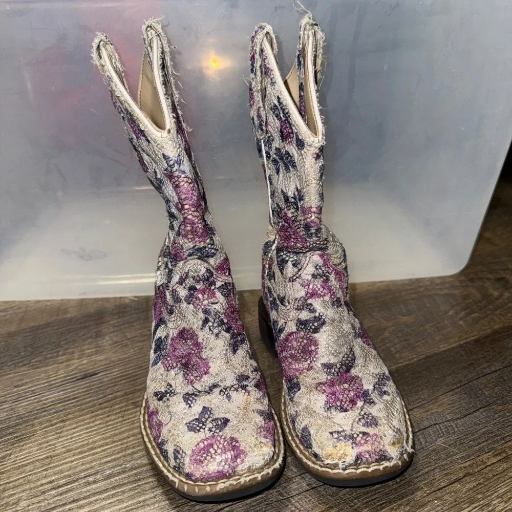 Old West Girls Cowboy Boots Size 9 Floral Sparkle Glitter Western VB9151 Cowgirl
